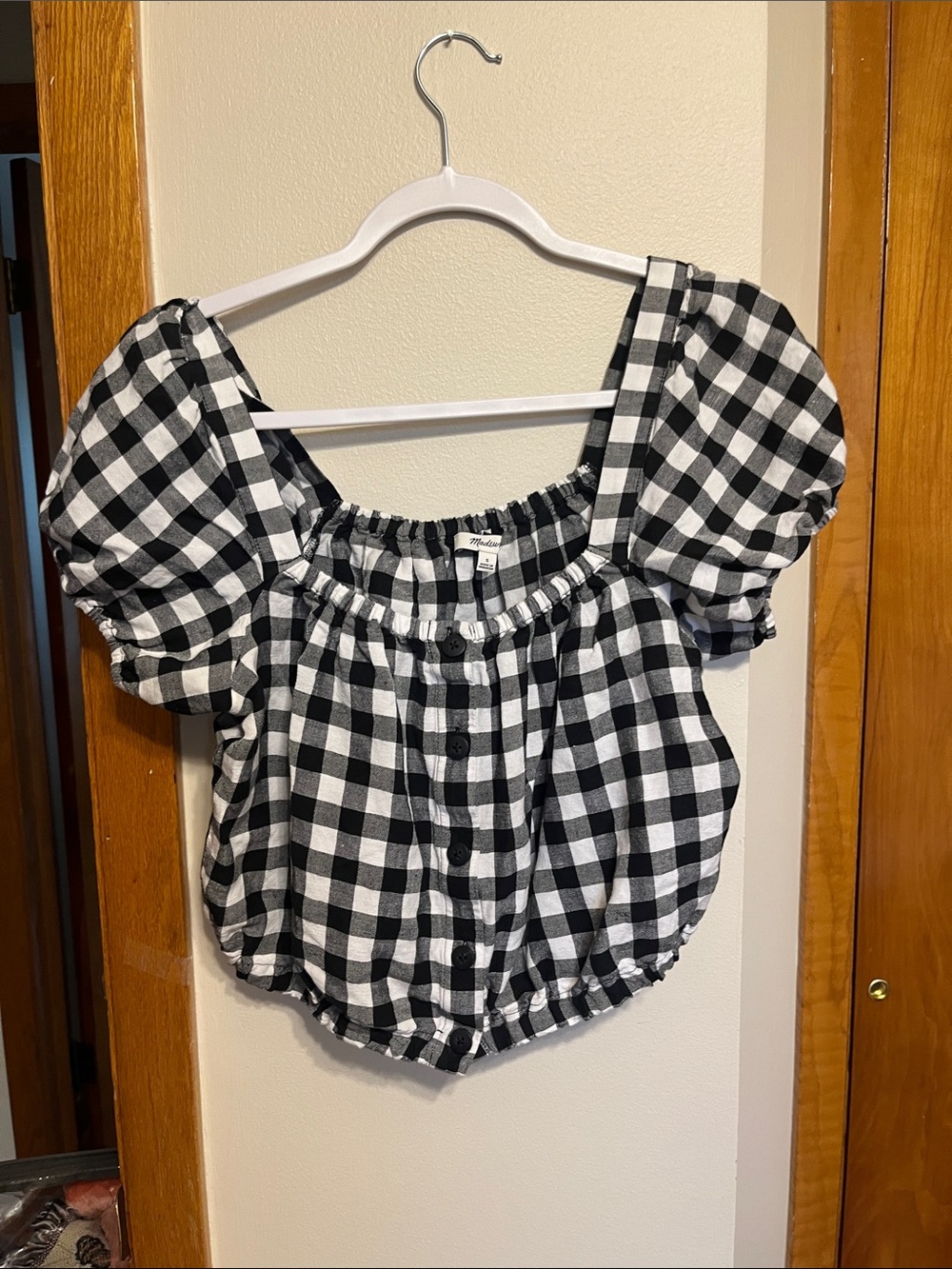 Madewell Black and White Gingham Puff-Sleeve Crop Top